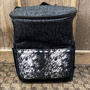 Black and Gray Textured Backpack Cooler with Cow Print and Bootstitch